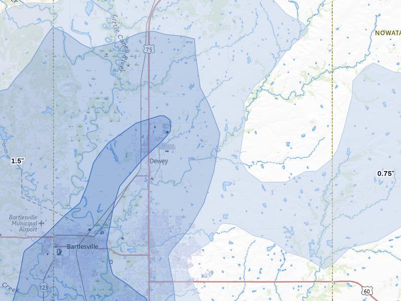 NEXRAD radar-signature map of the hail over Dewey, OK