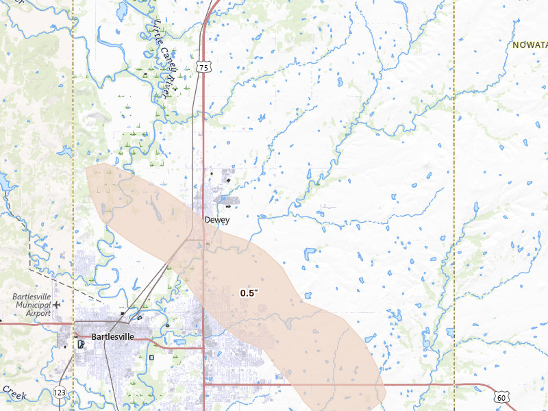 Radar-estimated hail-size map of the storm over Dewey, OK on Aug 20, 2026