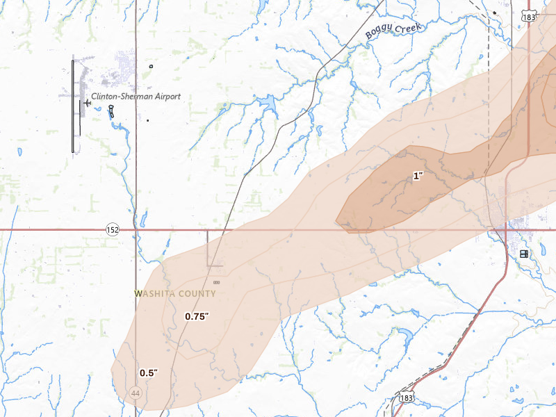 Radar-estimated hail-size map of the storm over Dill City, OK on Apr 1, 2026