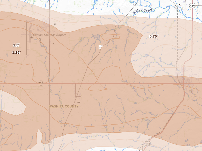 Radar-estimated hail-size map of the storm over Dill City, OK on May 9, 2026