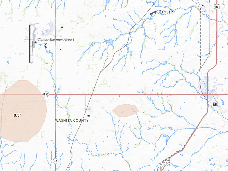 Radar-estimated hail-size map of the storm over Dill City, OK on May 18, 2026