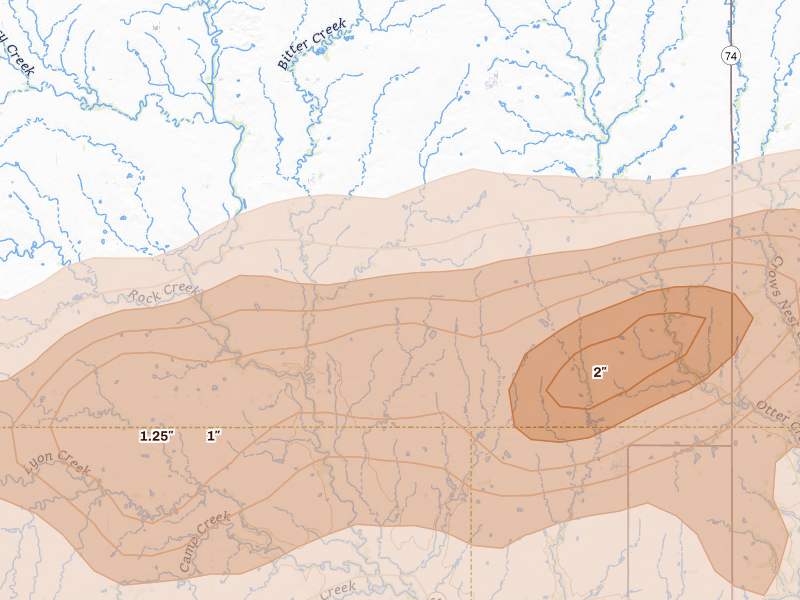 Radar-estimated hail-size map of the storm over Douglas, OK on Apr 17, 2026