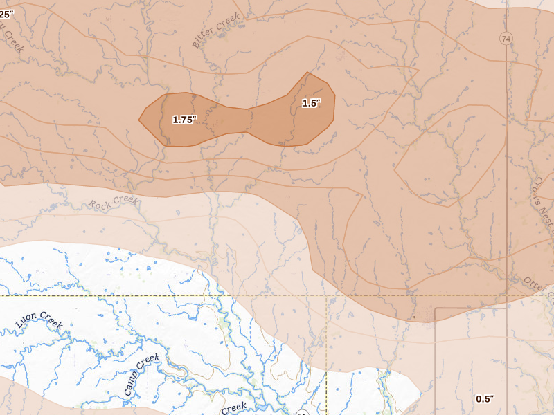 Radar-estimated hail-size map of the storm over Douglas, OK on Apr 23, 2026