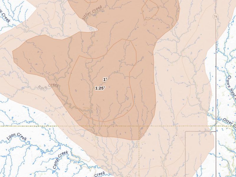 Radar-estimated hail-size map of the storm over Douglas, OK on Jul 4, 2026