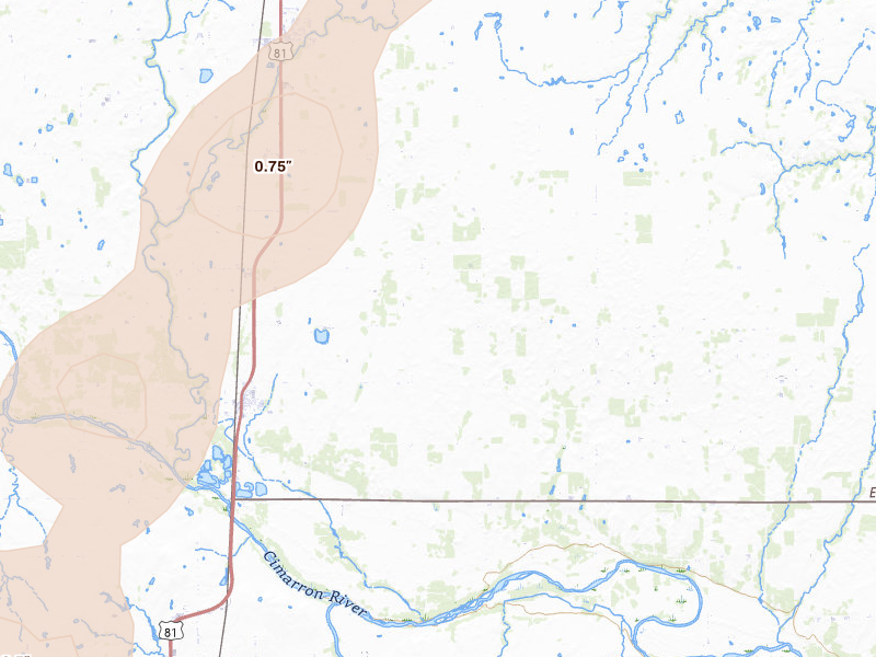 Radar-estimated hail-size map of the storm over Dover, OK on Mar 10, 2026