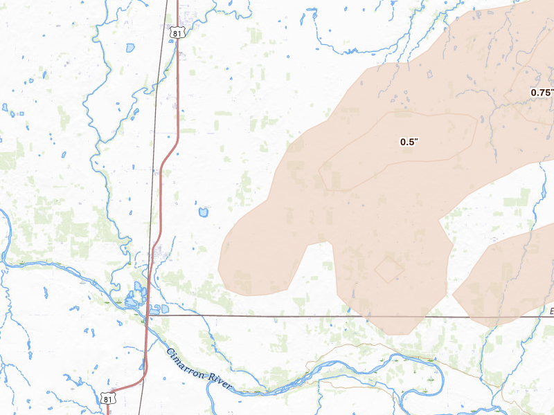 Radar-estimated hail-size map of the storm over Dover, OK on Apr 1, 2026