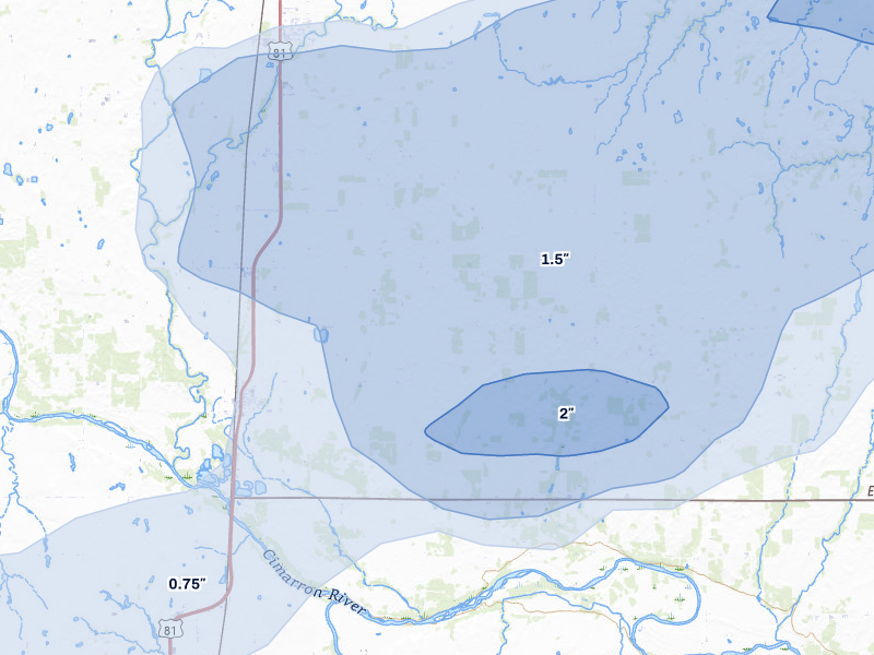 NEXRAD radar-signature map of the hail storm over Dover, OK on Apr 1, 2026