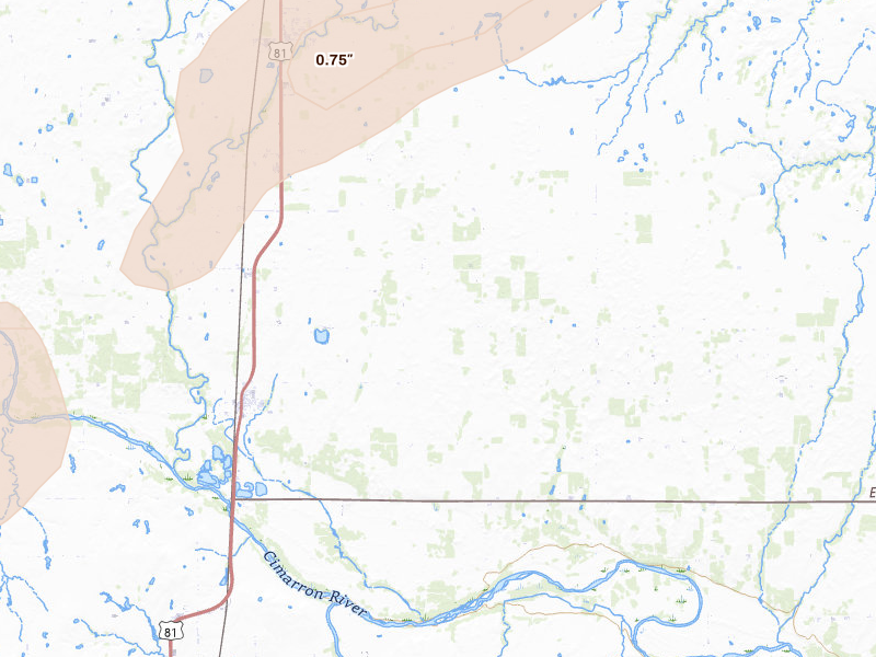 Radar-estimated hail-size map of the storm over Dover, OK on Apr 3, 2026