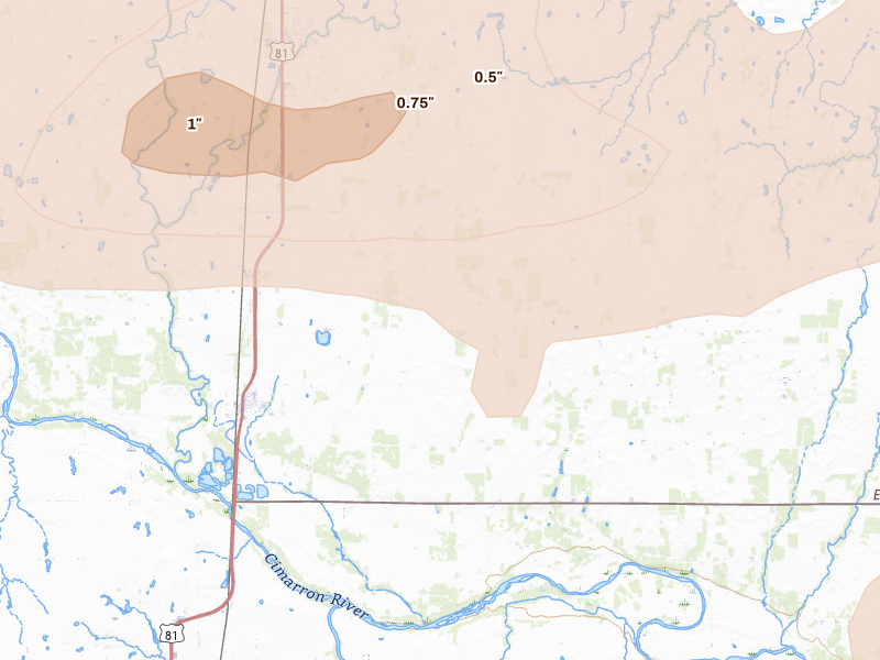 Radar-estimated hail-size map of the storm over Dover, OK on Apr 23, 2026