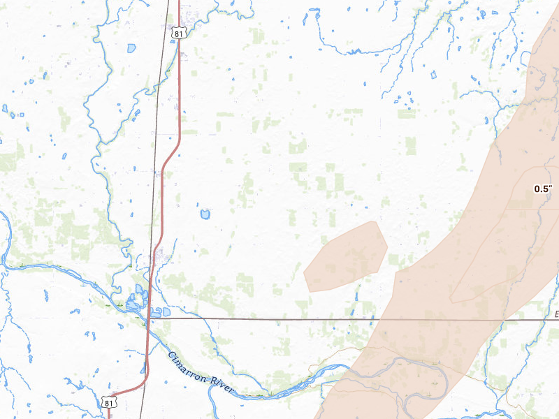 Radar-estimated hail-size map of the storm over Dover, OK on May 29, 2026