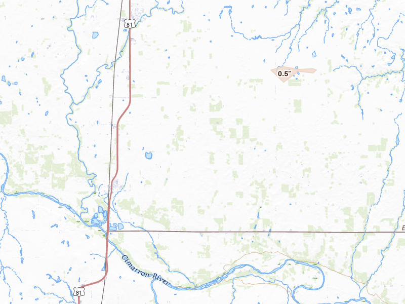 Radar-estimated hail-size map of the storm over Dover, OK on Jun 23, 2026