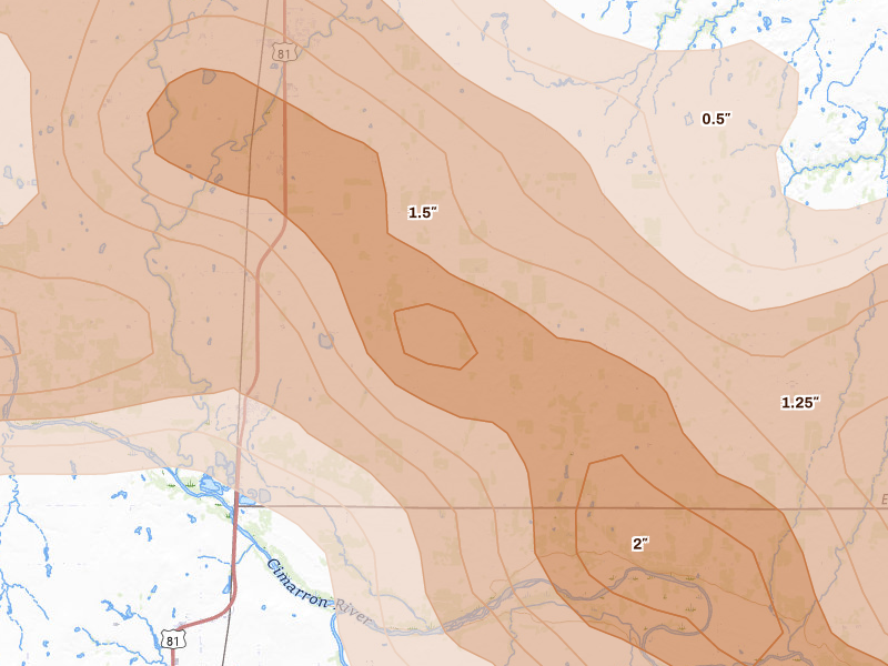 Radar-estimated hail-size map of the storm over Dover, OK on Jun 26, 2026