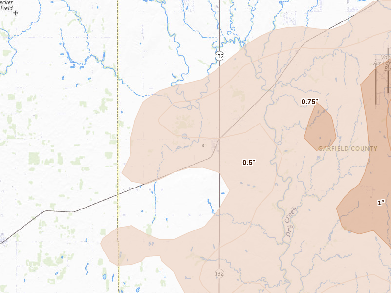 Radar-estimated hail-size map of the storm over Drummond, OK on Apr 23, 2026