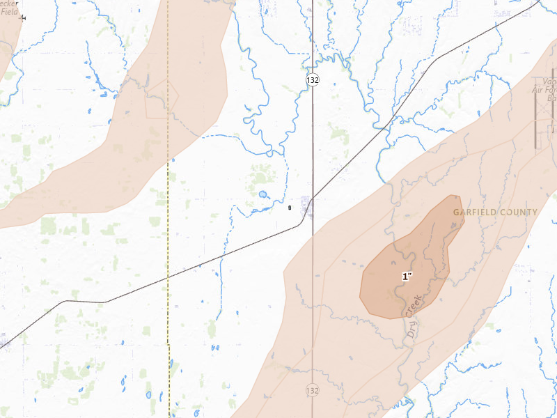 Radar-estimated hail-size map of the storm over Drummond, OK on May 29, 2026