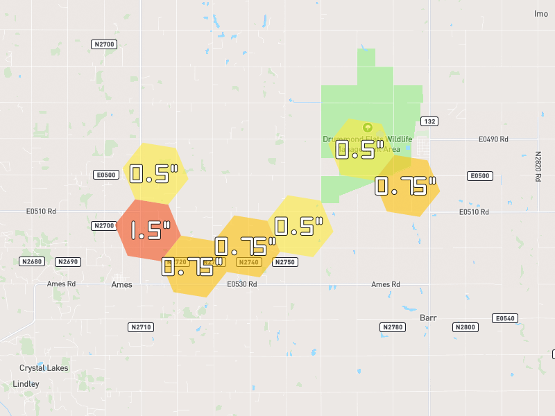 Hail map of Drummond, OK on Jun 27, 2026, hail up to 1.5"
