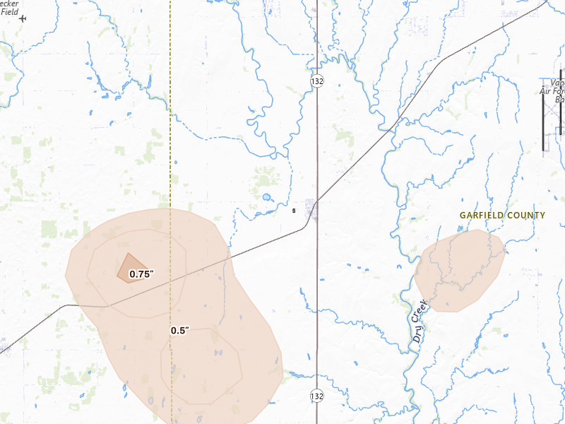 Radar-estimated hail-size map of the storm over Drummond, OK on Jul 11, 2026