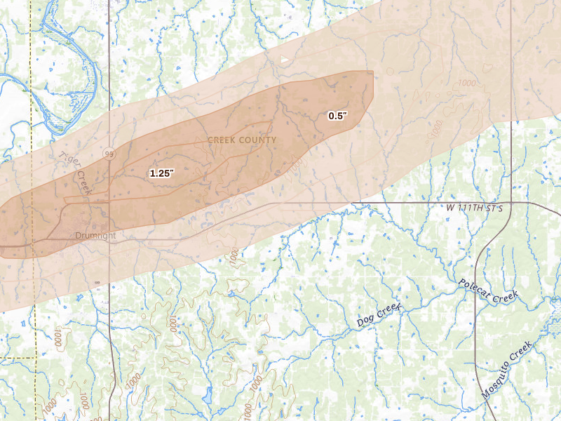 Radar-estimated hail-size map of the storm over Drumright, OK on Apr 28, 2026