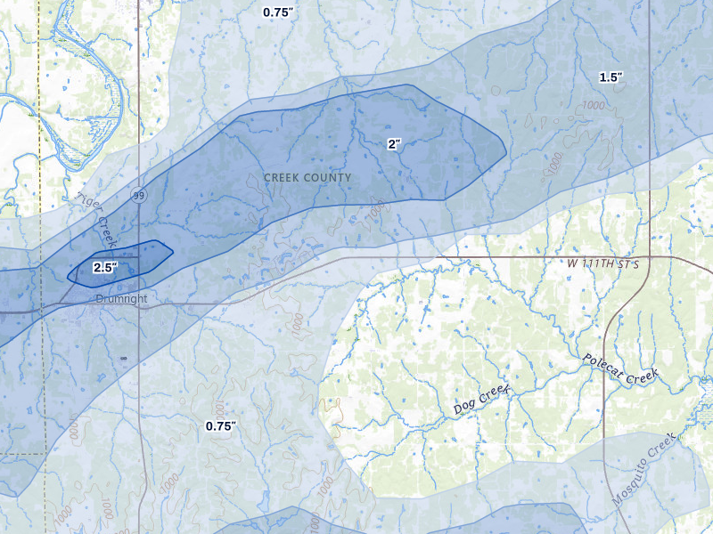 NEXRAD radar-signature map of the hail storm over Drumright, OK on Apr 28, 2026