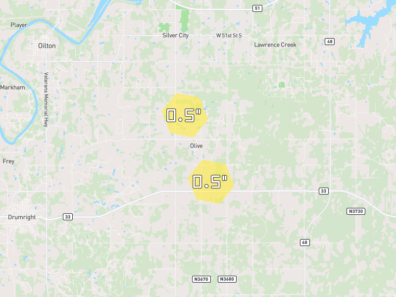 Hail map of Drumright, OK on Jun 2, 2026, hail up to 0.5"