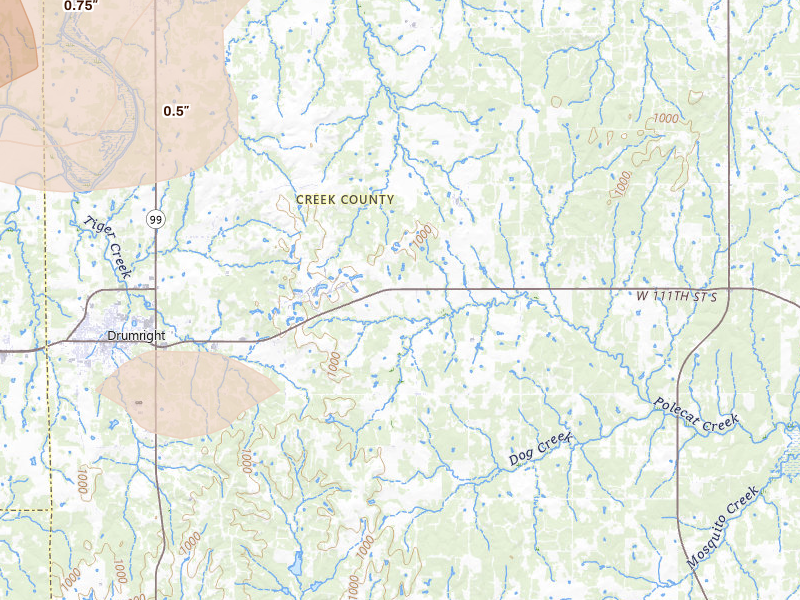 Radar-estimated hail-size map of the storm over Drumright, OK on Jun 11, 2026