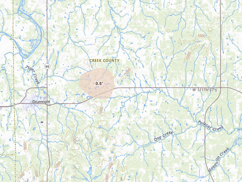 Radar-estimated hail-size map of the storm over Drumright, OK on Jul 11, 2026