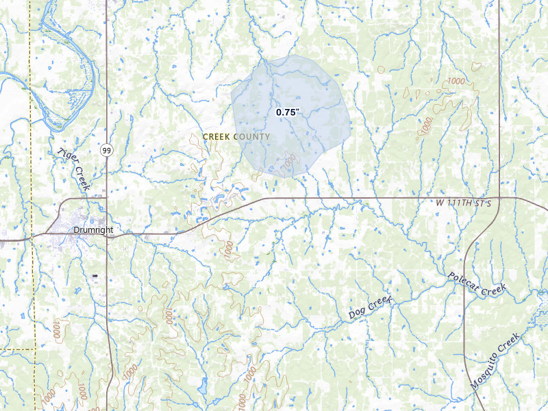 NEXRAD radar-signature map of the hail storm over Drumright, OK on Jul 11, 2026
