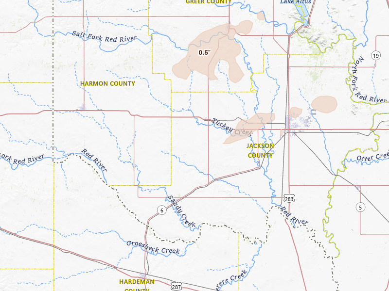 Radar-estimated hail-size map of the storm over Duke, OK on Apr 17, 2026