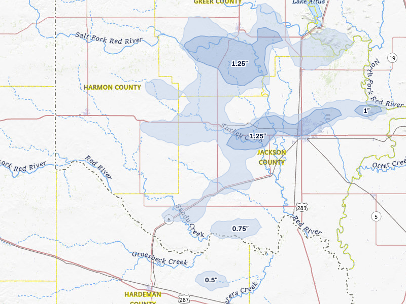 NEXRAD radar-signature map of the hail over Duke, OK