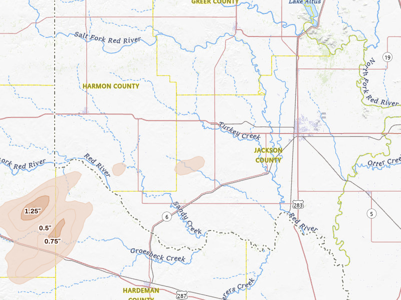 Radar-estimated hail-size map of the storm over Duke, OK on May 15, 2026