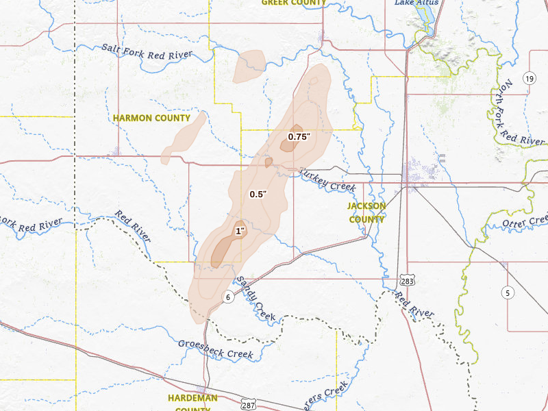Radar-estimated hail-size map of the storm over Duke, OK on May 18, 2026