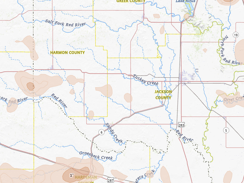 Radar-estimated hail-size map of the storm over Duke, OK on Jun 18, 2026