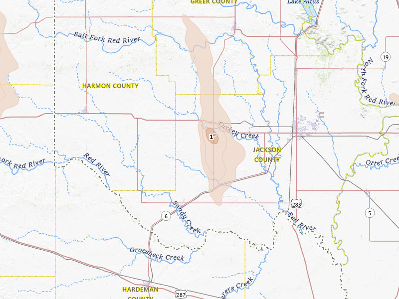 Radar-estimated hail-size map of the storm over Duke, OK on Jun 22, 2026