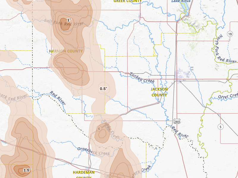 Radar-estimated hail-size map of the storm over Duke, OK on Jun 23, 2026