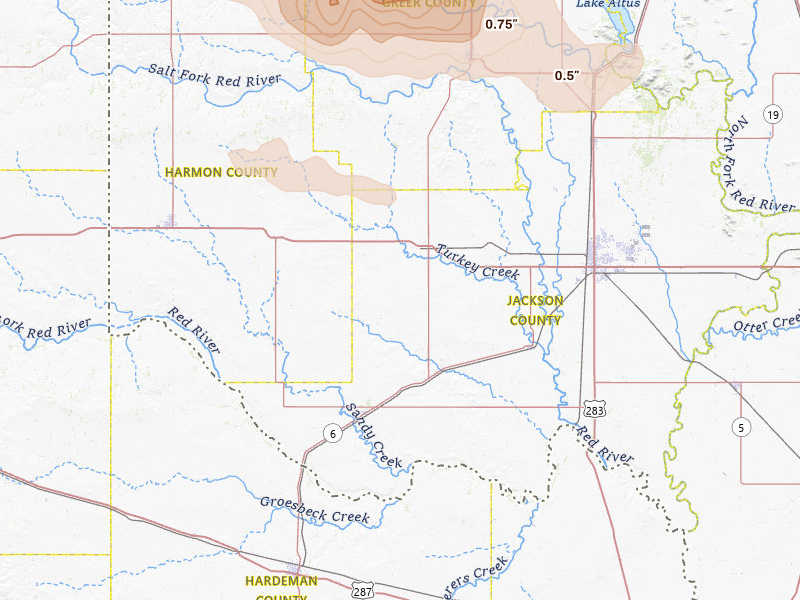 Radar-estimated hail-size map of the storm over Duke, OK on Jun 25, 2026