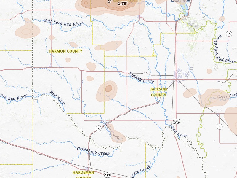 Radar-estimated hail-size map of the storm over Duke, OK on Jul 4, 2026