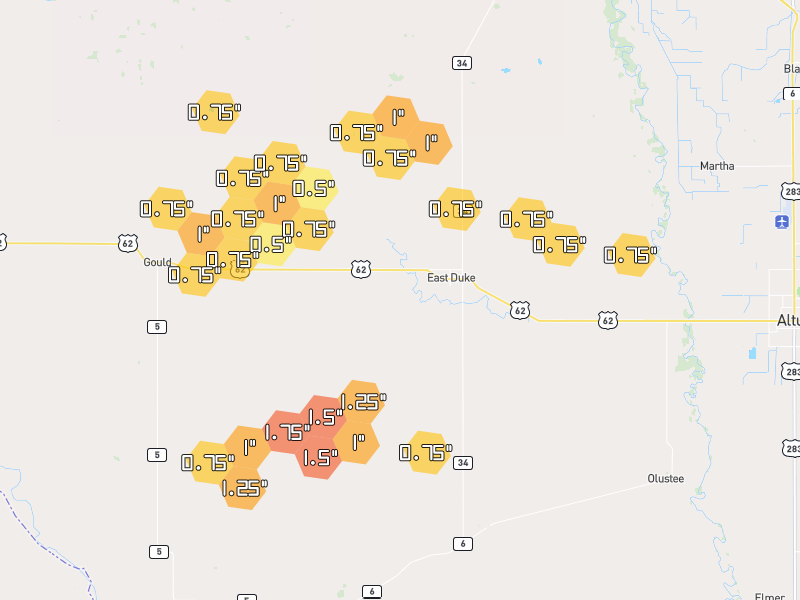 Hail map of Duke, OK on Jul 5, 2026, hail up to 1.75"