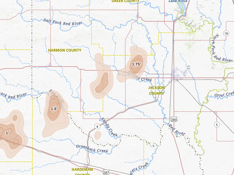 Radar-estimated hail-size map of the storm over Duke, OK on Jul 31, 2026