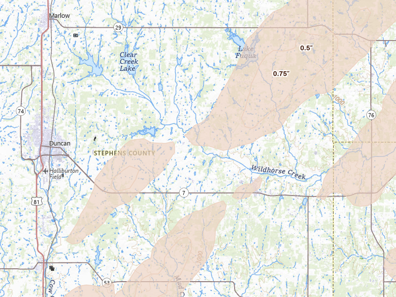 Radar-estimated hail-size map of the storm over Duncan, OK on Mar 6, 2026