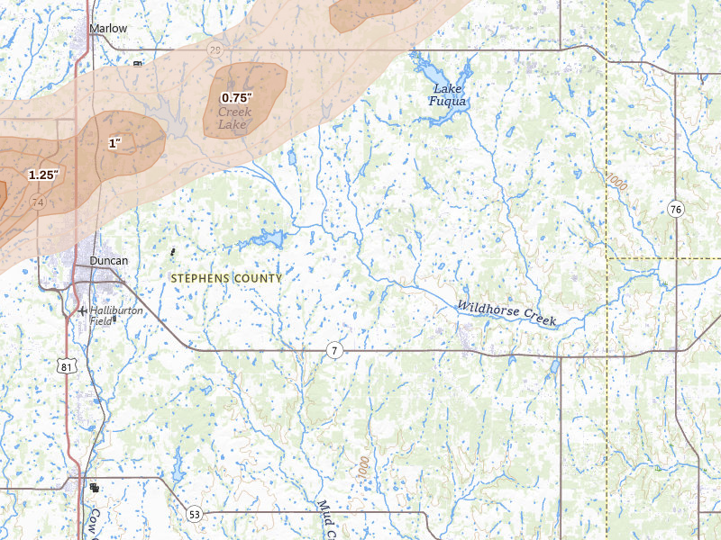 Radar-estimated hail-size map of the storm over Duncan, OK on Mar 10, 2026