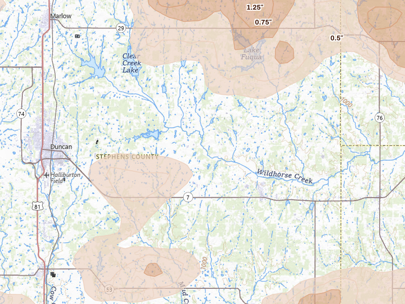 Radar-estimated hail-size map of the storm over Duncan, OK on Apr 25, 2026