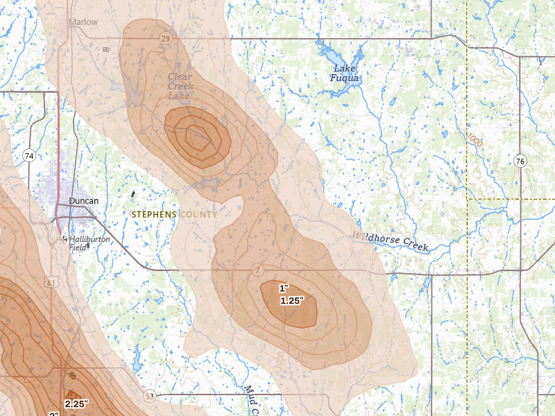 Radar-estimated hail-size map of the storm over Duncan, OK on May 8, 2026