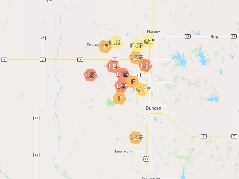 Hail map of Duncan, OK on Jul 5, 2026, hail up to 1.75"