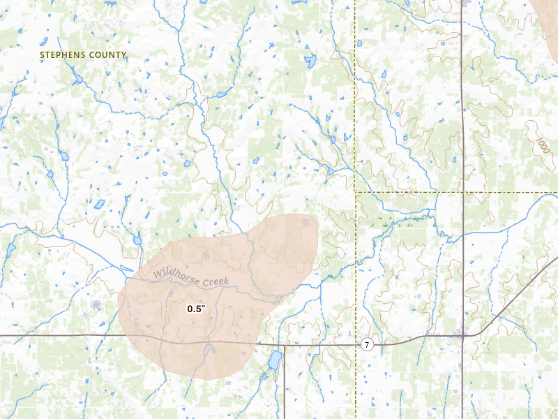 Radar-estimated hail-size map of the storm over Duncan, OK on Aug 7, 2026
