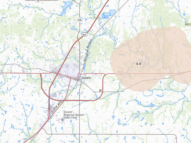 Radar-estimated hail-size map of the storm over Durant, OK on Apr 17, 2026