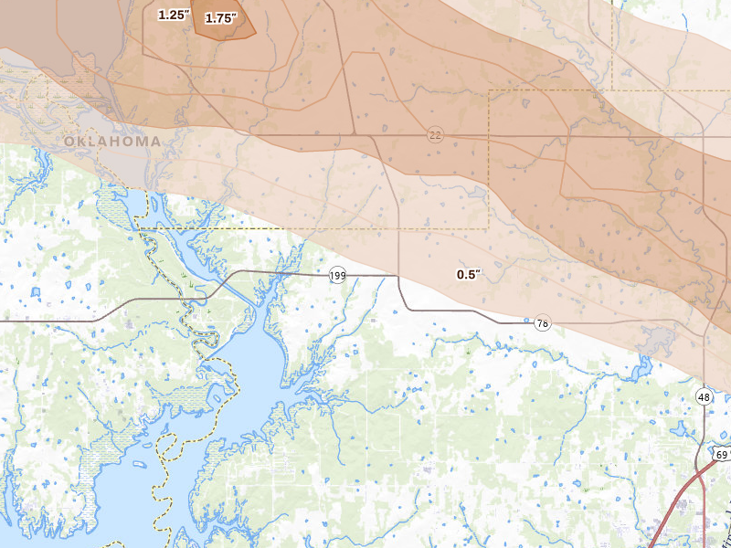 Radar-estimated hail-size map of the storm over Durant, OK on Apr 24, 2026
