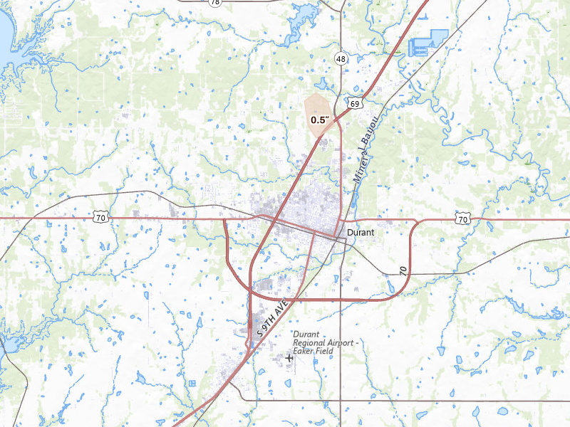 Radar-estimated hail-size map of the storm over Durant, OK on Aug 7, 2026