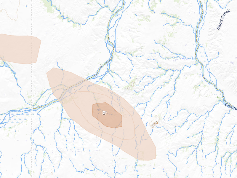 Radar-estimated hail-size map of the storm over Durham, OK on May 23, 2026