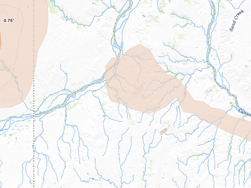 Radar-estimated hail-size map of the storm over Durham, OK on Jun 13, 2026