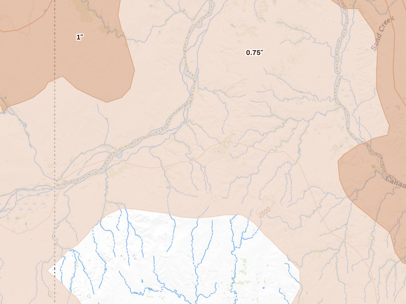 Radar-estimated hail-size map of the storm over Durham, OK on Jun 23, 2026