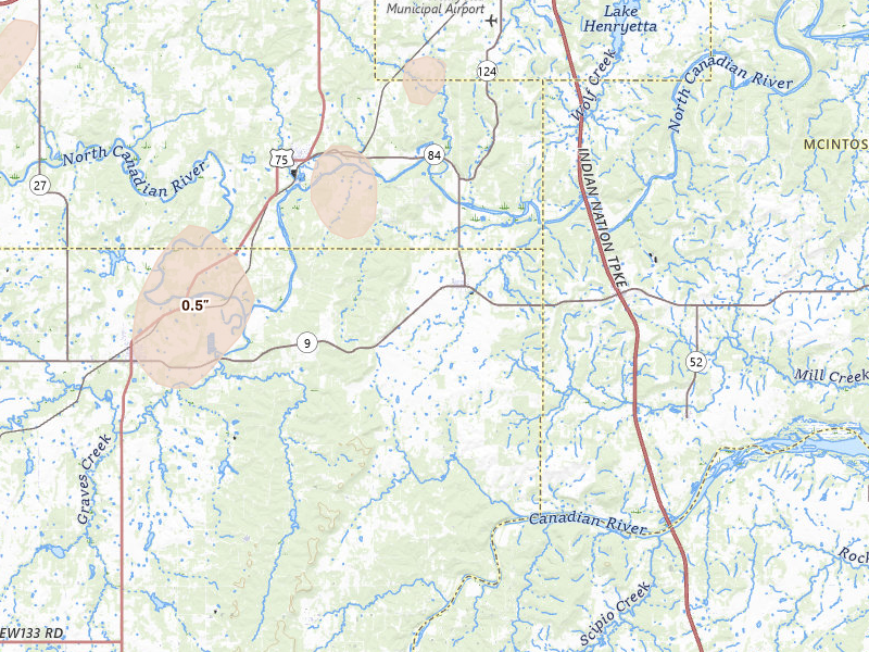 Radar-estimated hail-size map of the storm over Dustin, OK on Apr 3, 2026